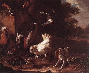 HONDECOETER, Melchior d, Birds and a Spaniel in a Garden sf
